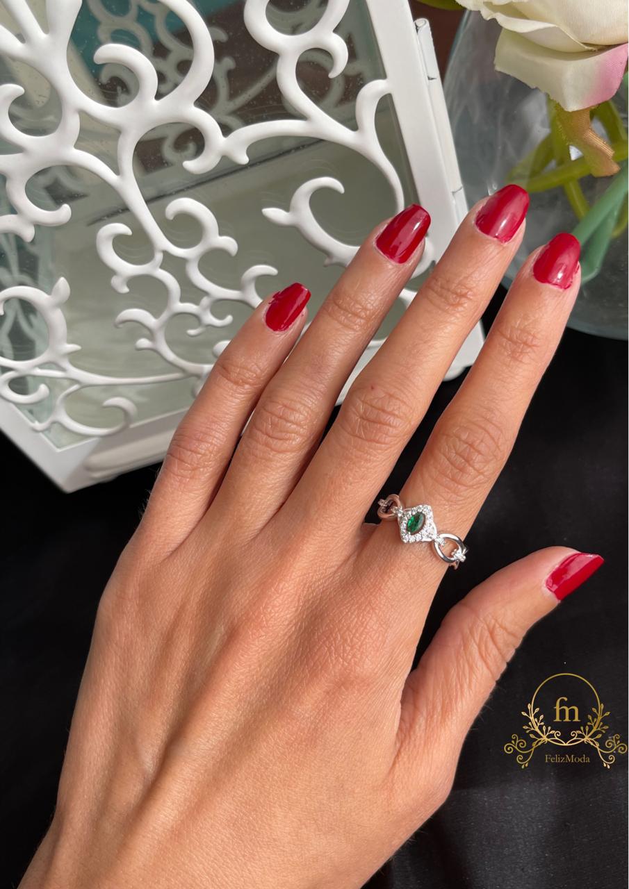 Connected chains silver ring with green stone