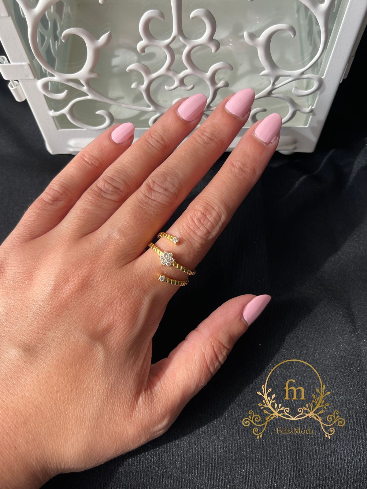 Multiple  silver ring with main flower stones gold plated