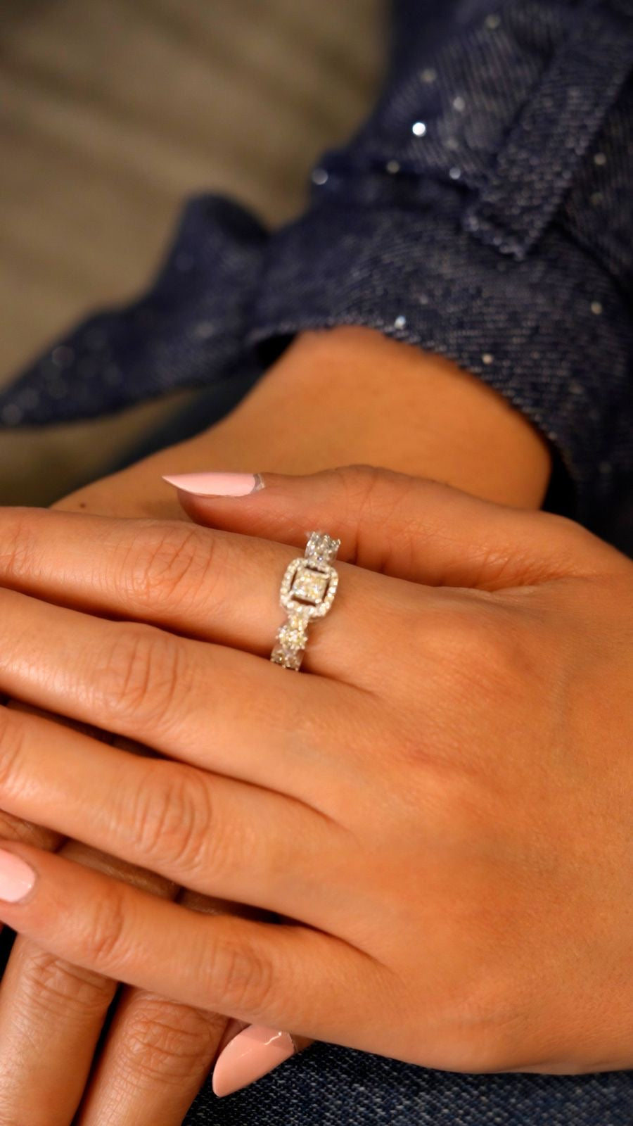 Square with side zircon stones silver ring