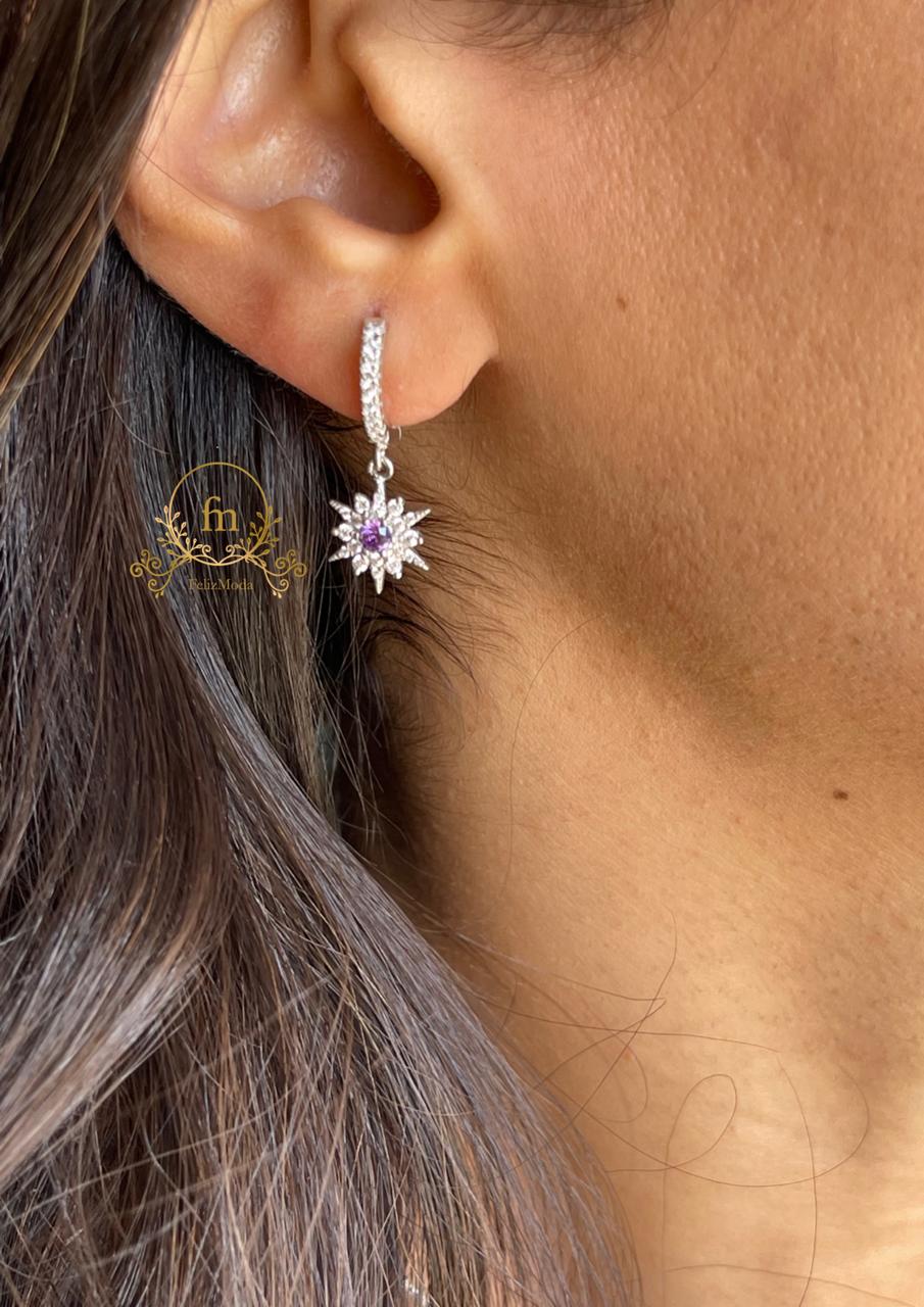 Purple stone flower silver earrings MODA08
