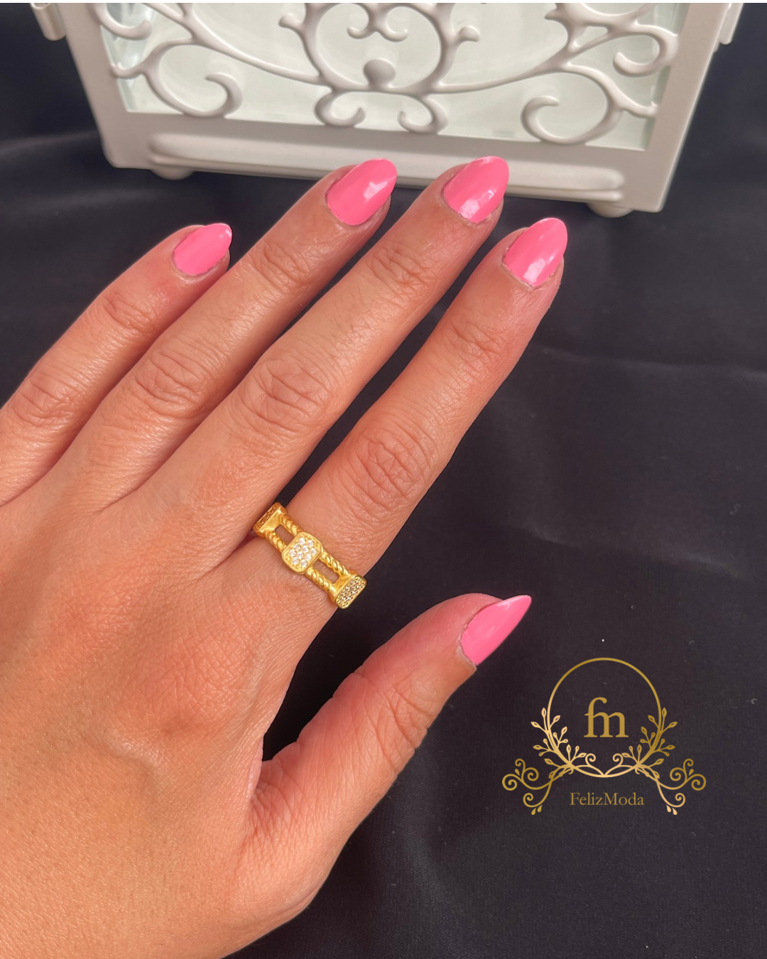 Braided silver ring gold plated with three square stones