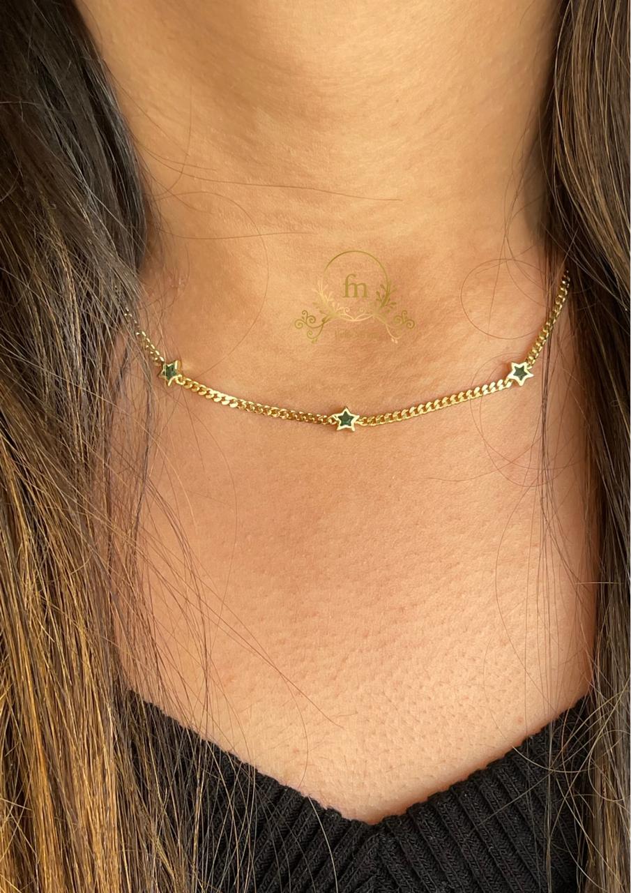 Stars necklace with green stones gold plated