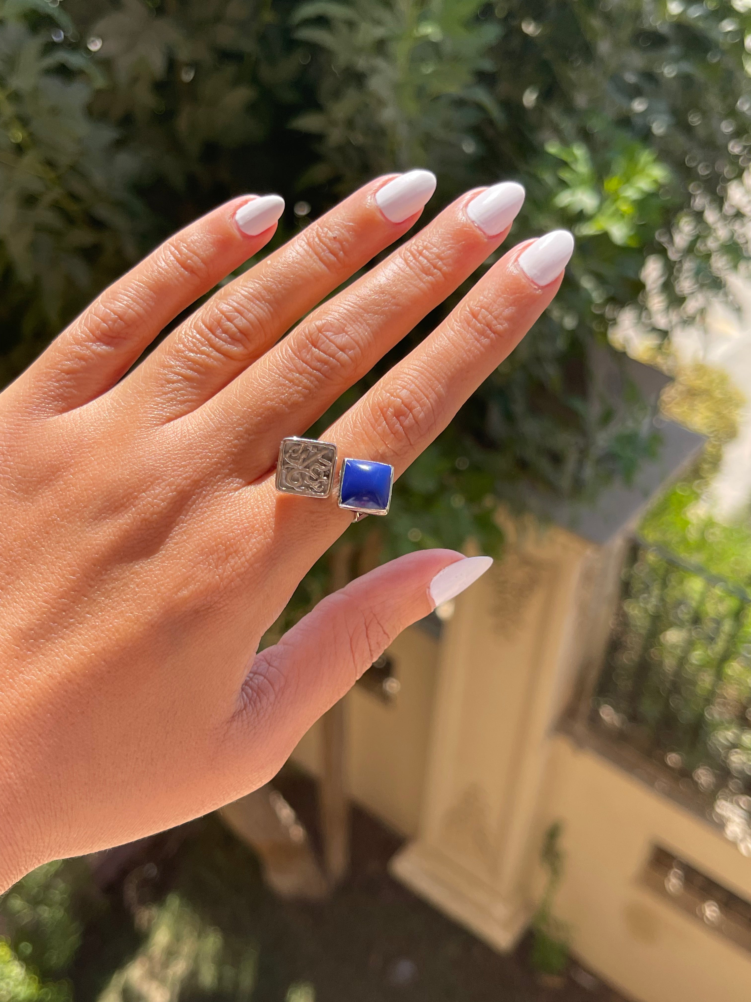 سعادة silver ring with blue stone free size adjustable