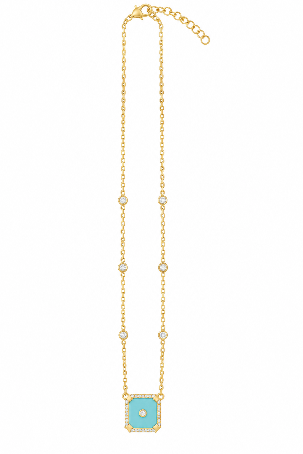 Fayrouz square with gold stones silver necklace gold plated