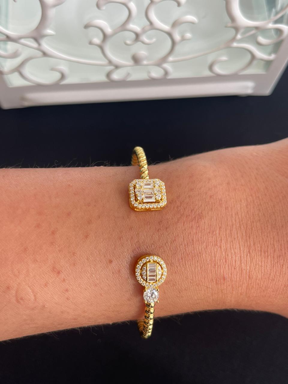 Silver bangle square&round zircon stones gold plated