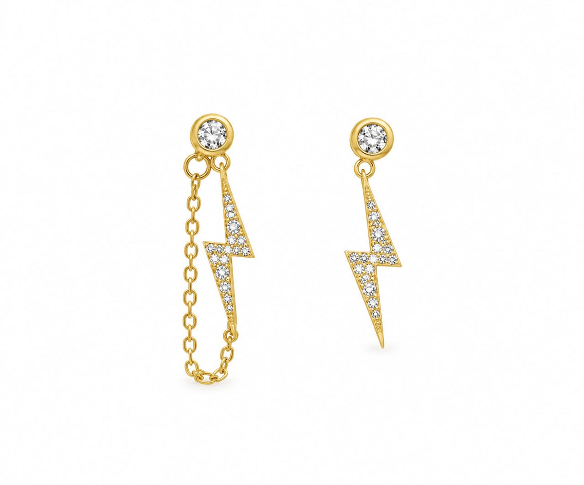 Two pieces flash star silver earrings one plain , one with connected chain gold plated