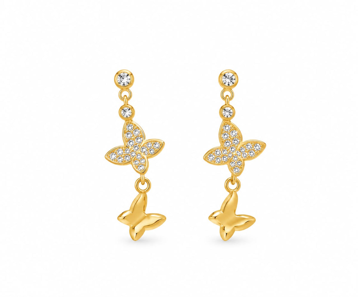 Dangling butterflies silver earrings gold plated with zircon stones - ER19