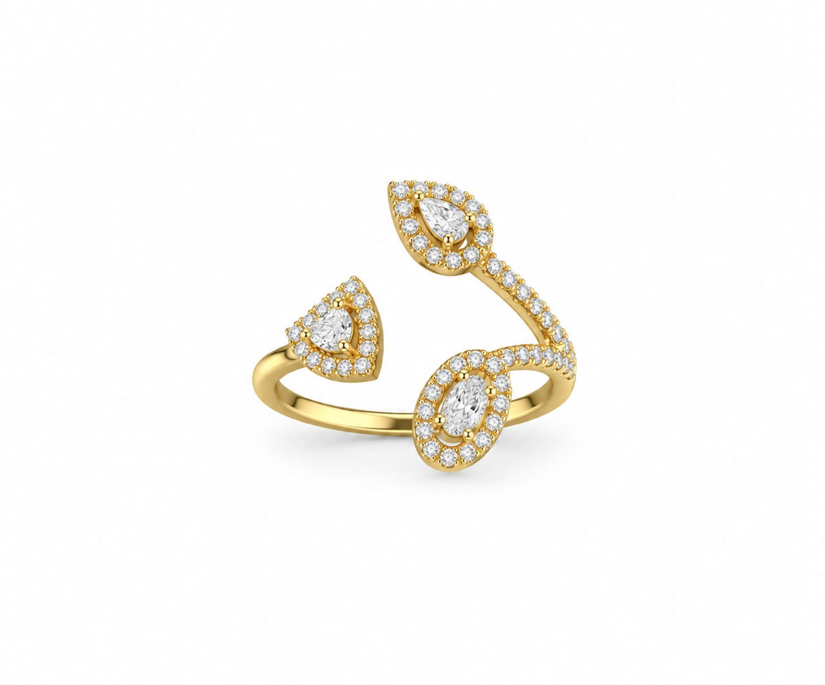 Three zircon stones triangle, oval & round silver ring free size gold plated-RG3
