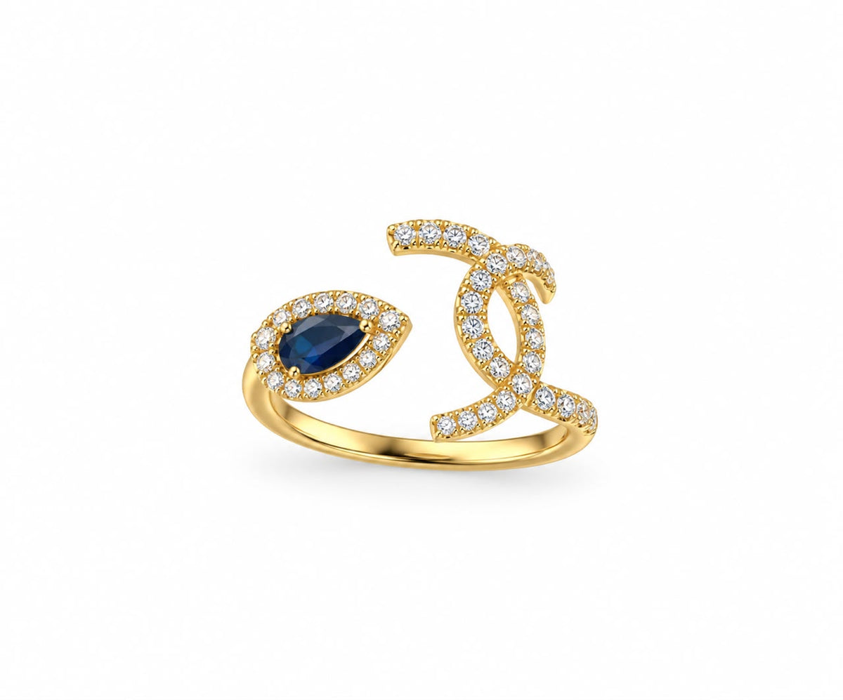 Blue eye silver ring with half circles free size gold plated-RG10