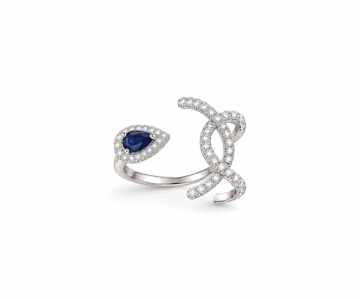 Blue eye silver ring with half circles free size-RG9