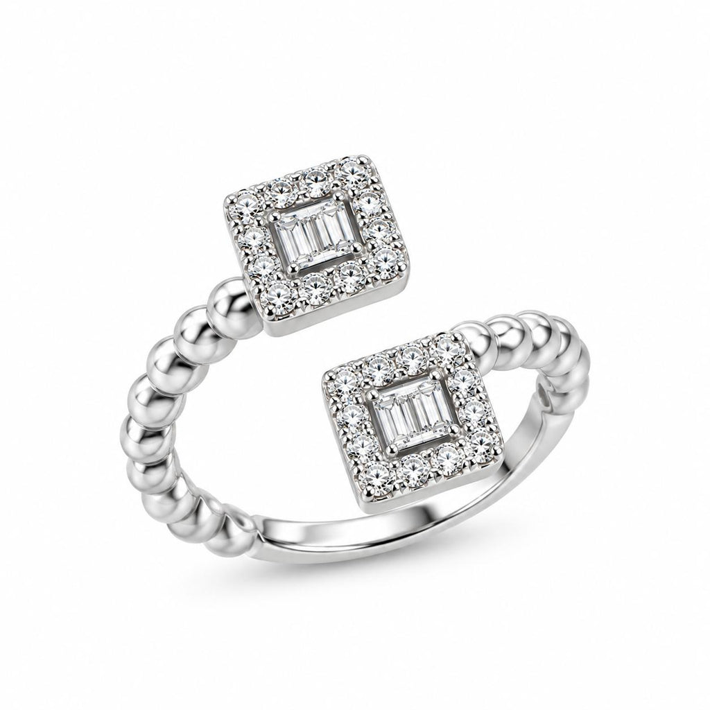 Silver braided ring with two squares zircon stones