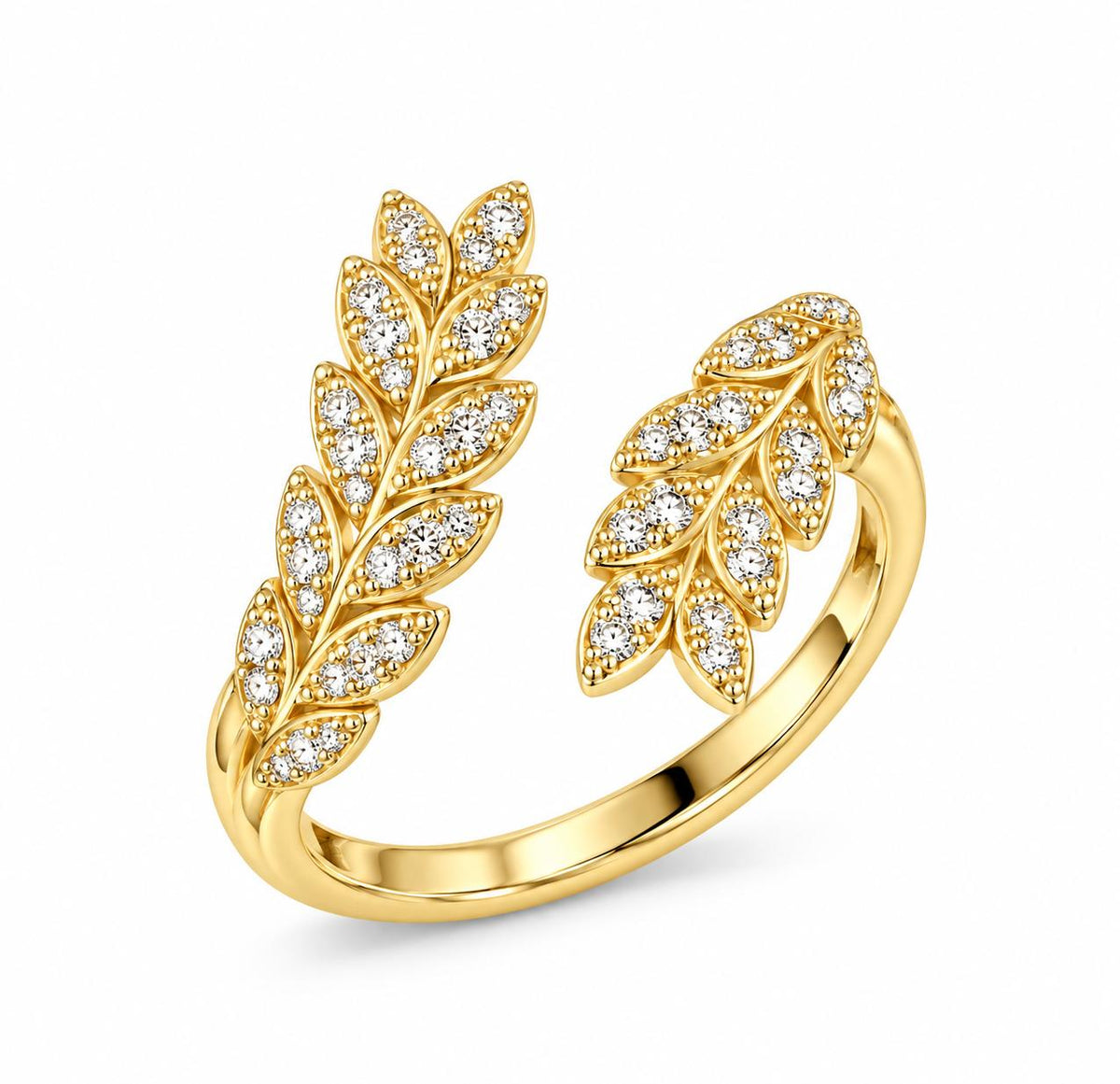 Shinny zircon stones leaves silver ring gold plated free size-RG2