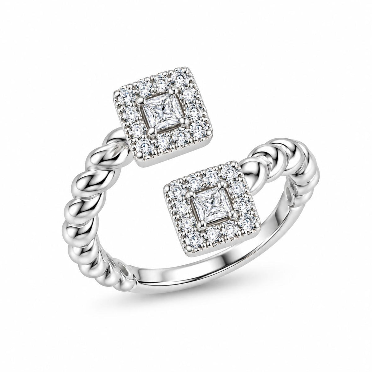 Silver braided ring with two square stones free size - Rg21