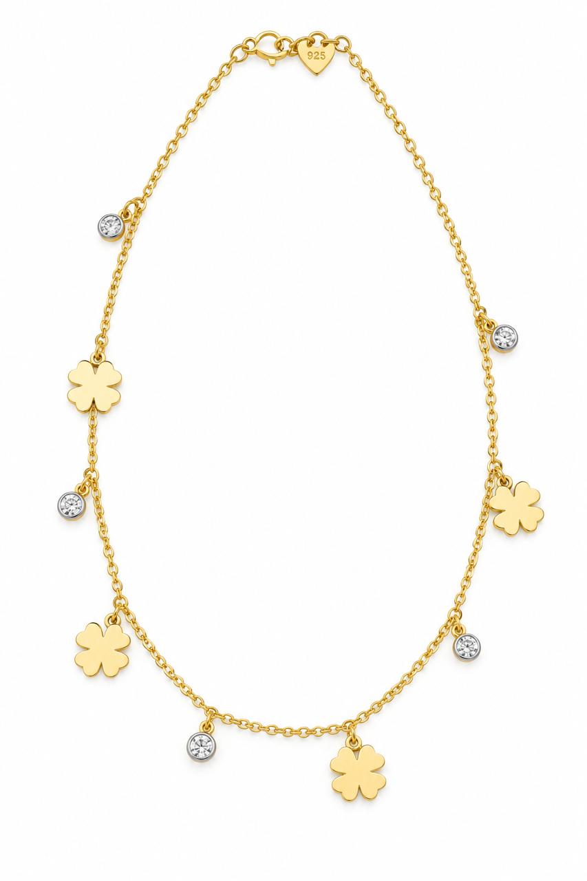 Multiple flowers and crystals silver anklet gold plated