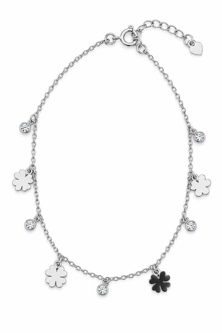 Multiple flowers and crystals silver anklet