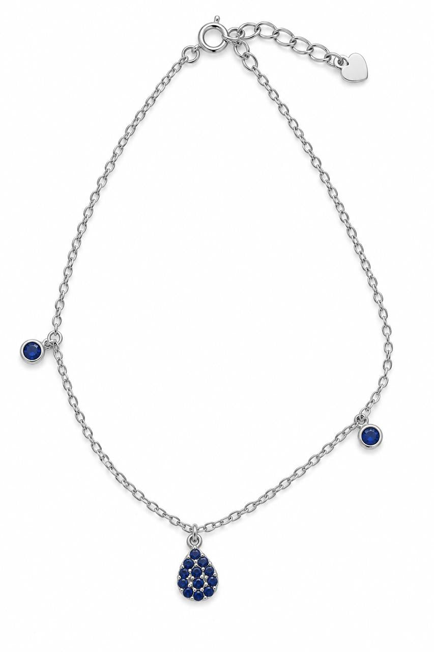 Blue oval stone silver anklet with side blue stones