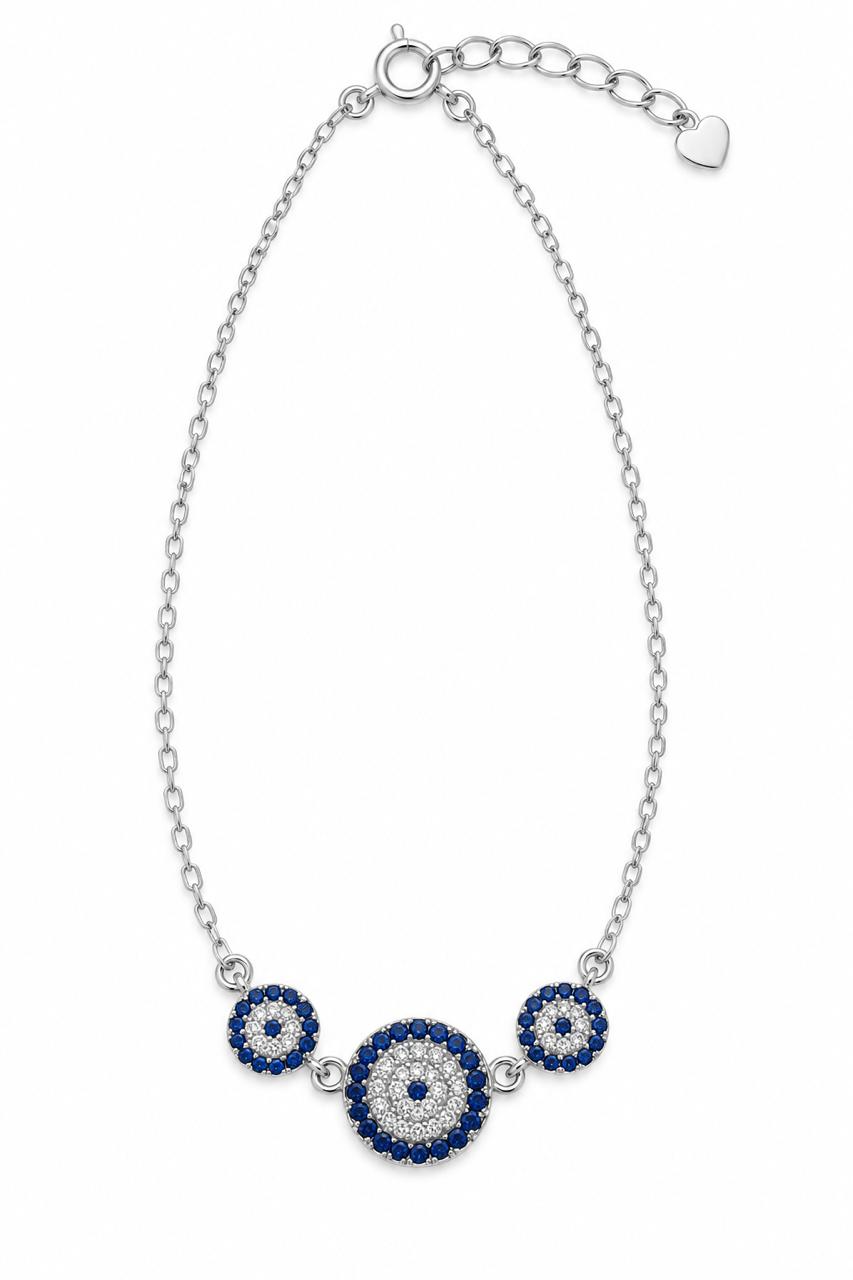 Three blue eyes silver bracelet with zircon stones