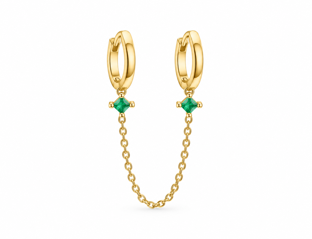 Connected earrings with necklace green stones silver gold plated ( by piece)