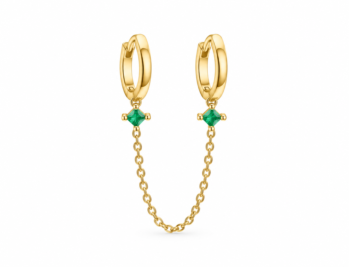 Connected earrings with necklace green stones silver gold plated ( by piece)