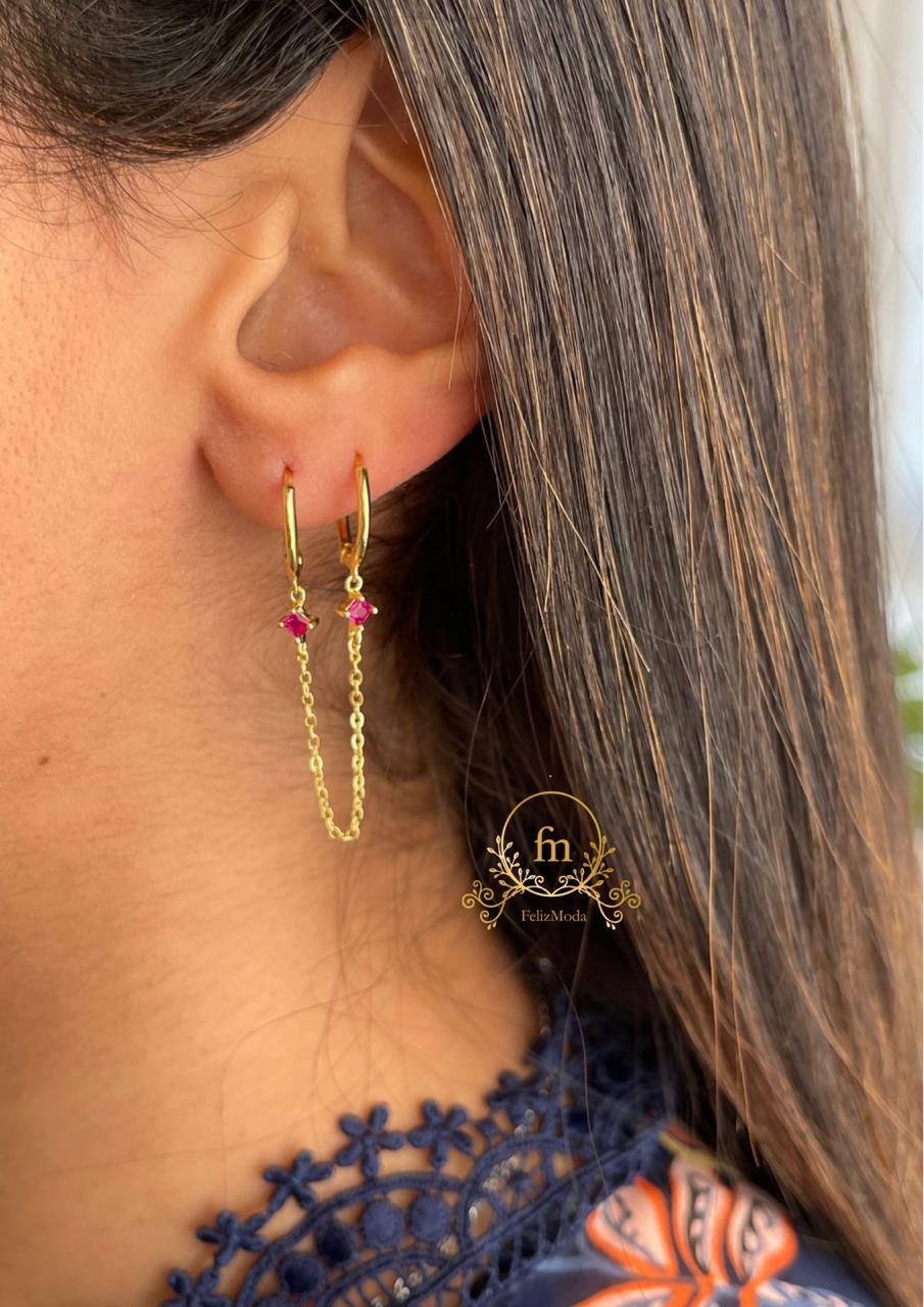 Connected earrings with necklace red stones silver gold plated ( by piece)