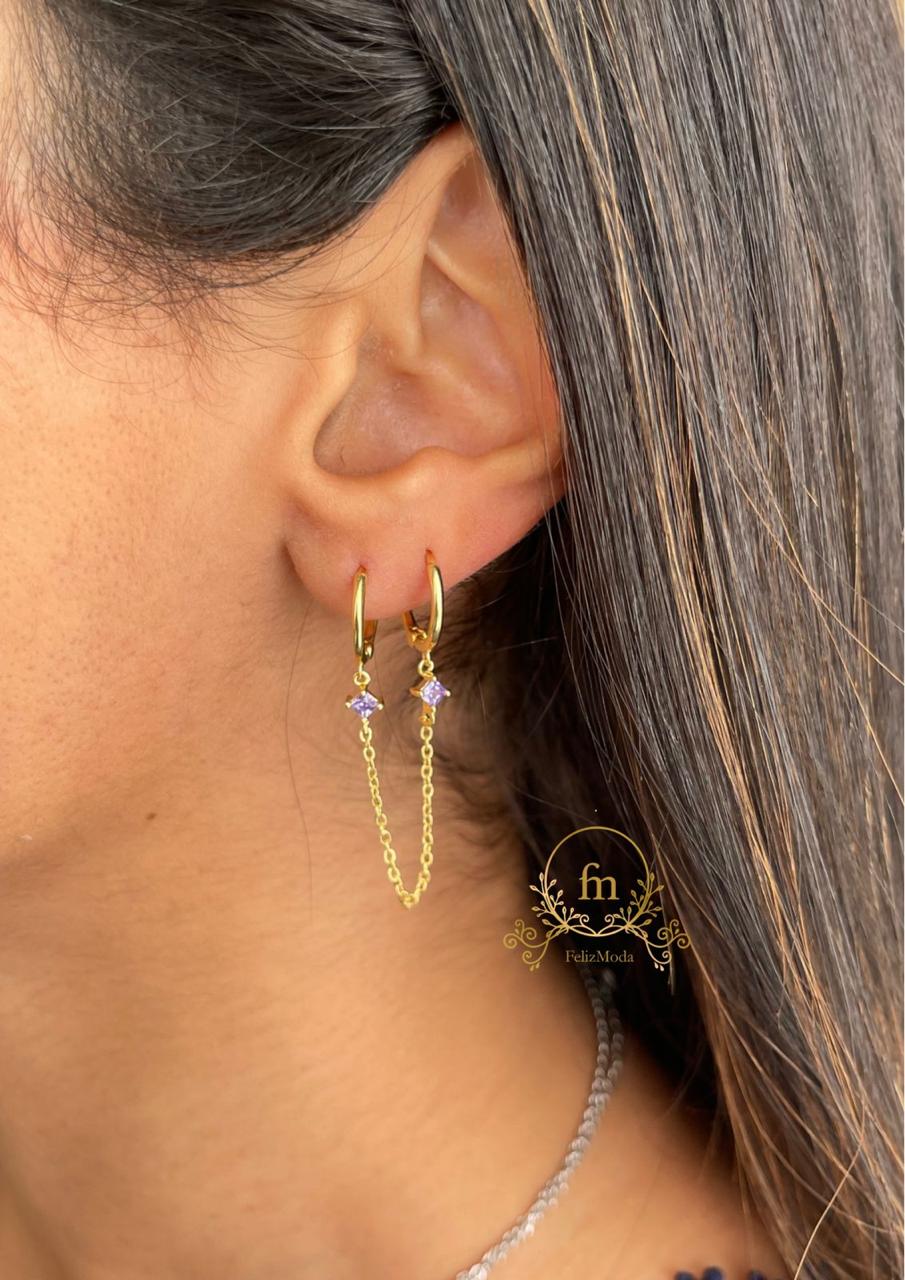 Connected earrings with necklace purple stones silver gold plated ( by piece)