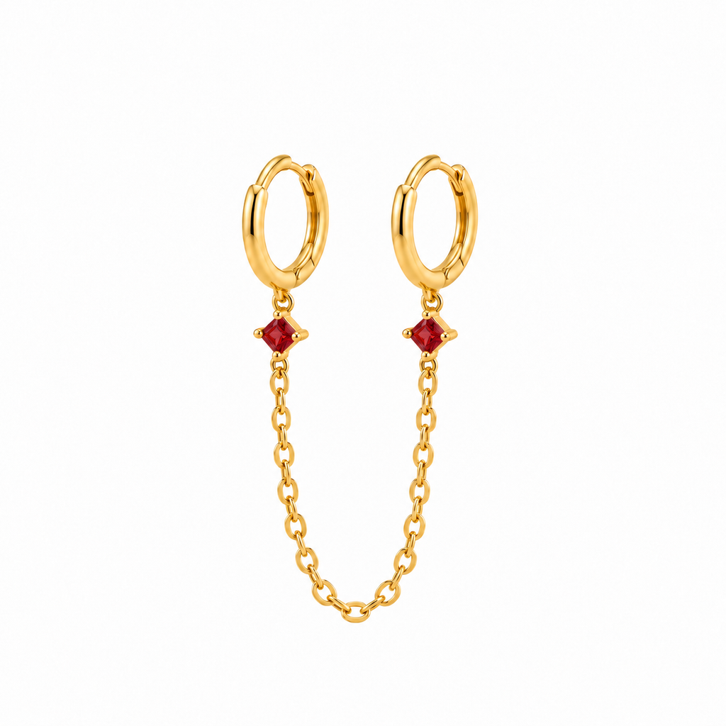 Connected earrings with necklace red stones silver gold plated ( by piece)