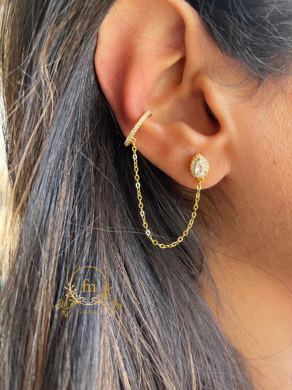 Oval silver earrings connected with fake ear cuff ( by piece)