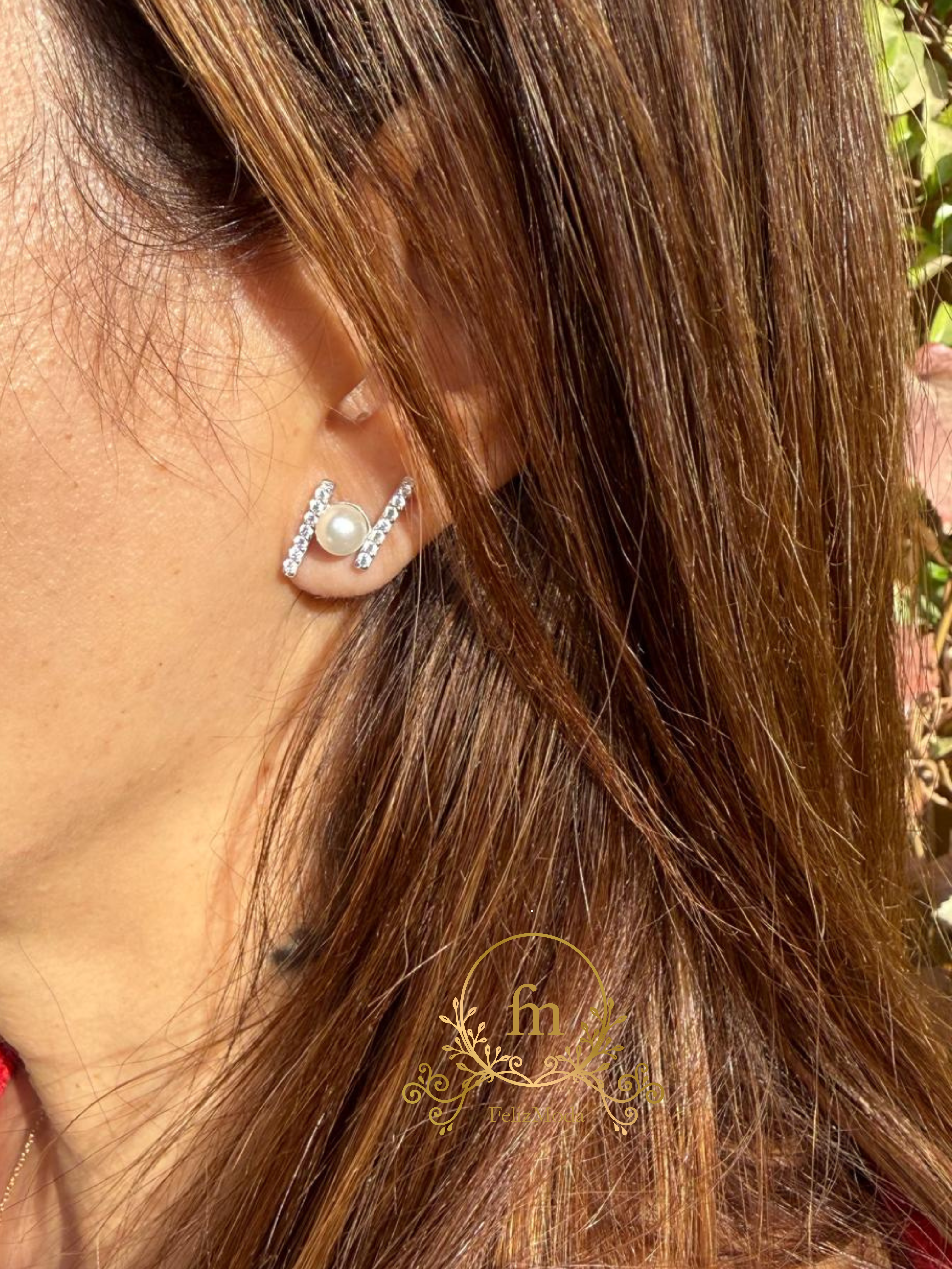 Pearl double sided zircon stones silver earrings