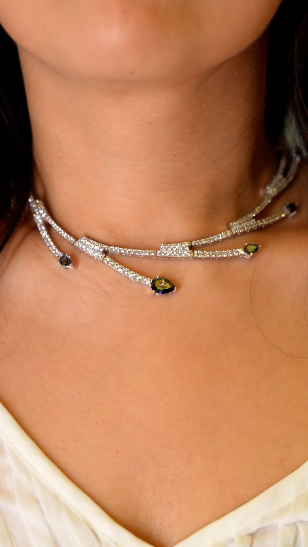 Shinny zircon stones silver tennis choker with oval colorful crystals