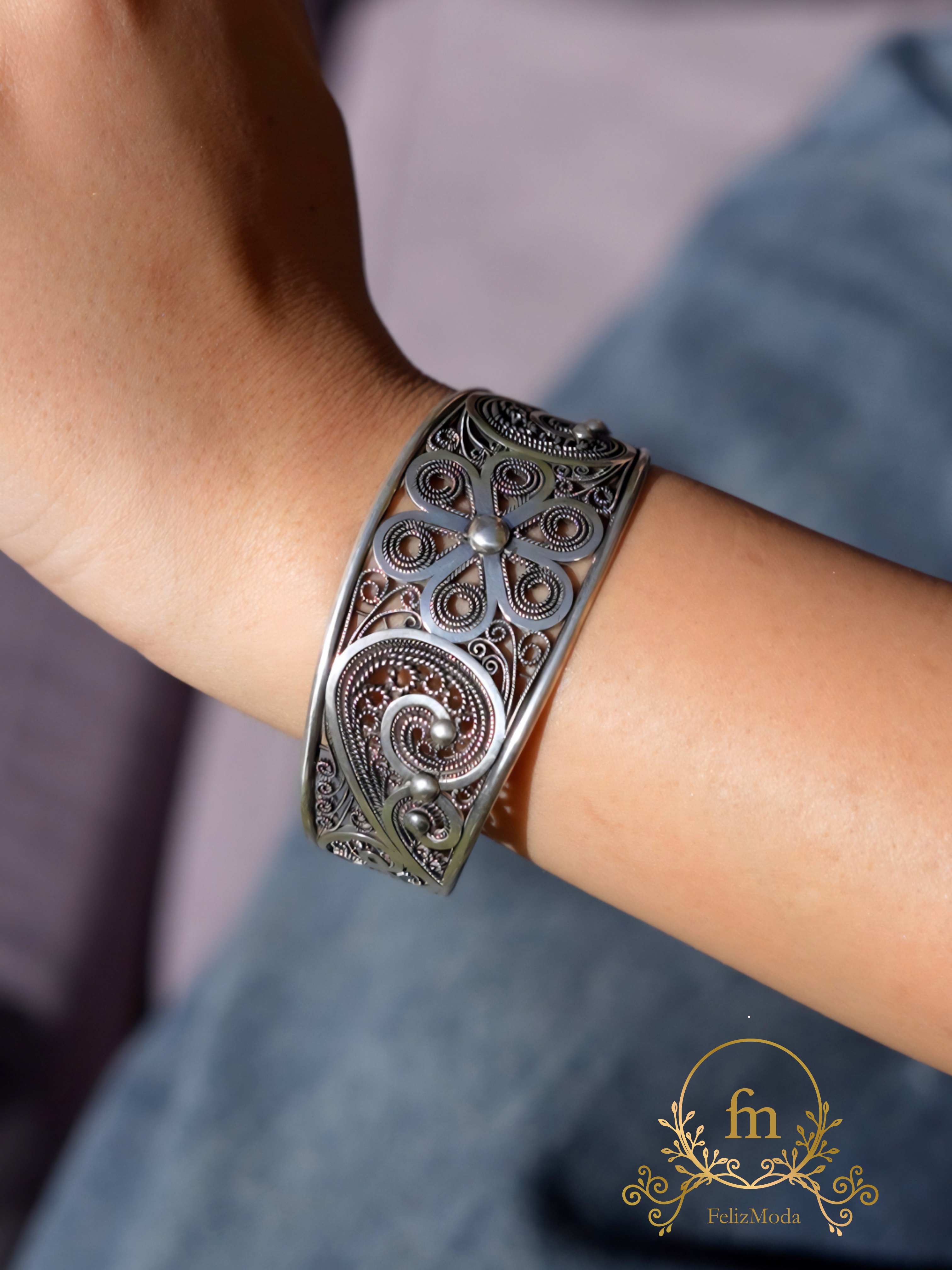 Flower indian design silver bangle free size adjustable