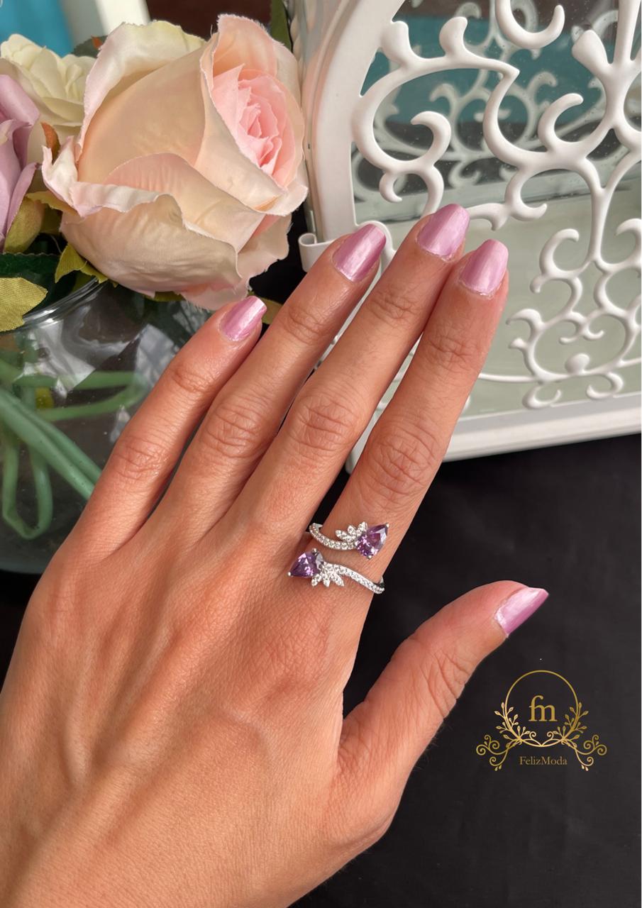 Two purple stones with multiple zircon stones ring free size