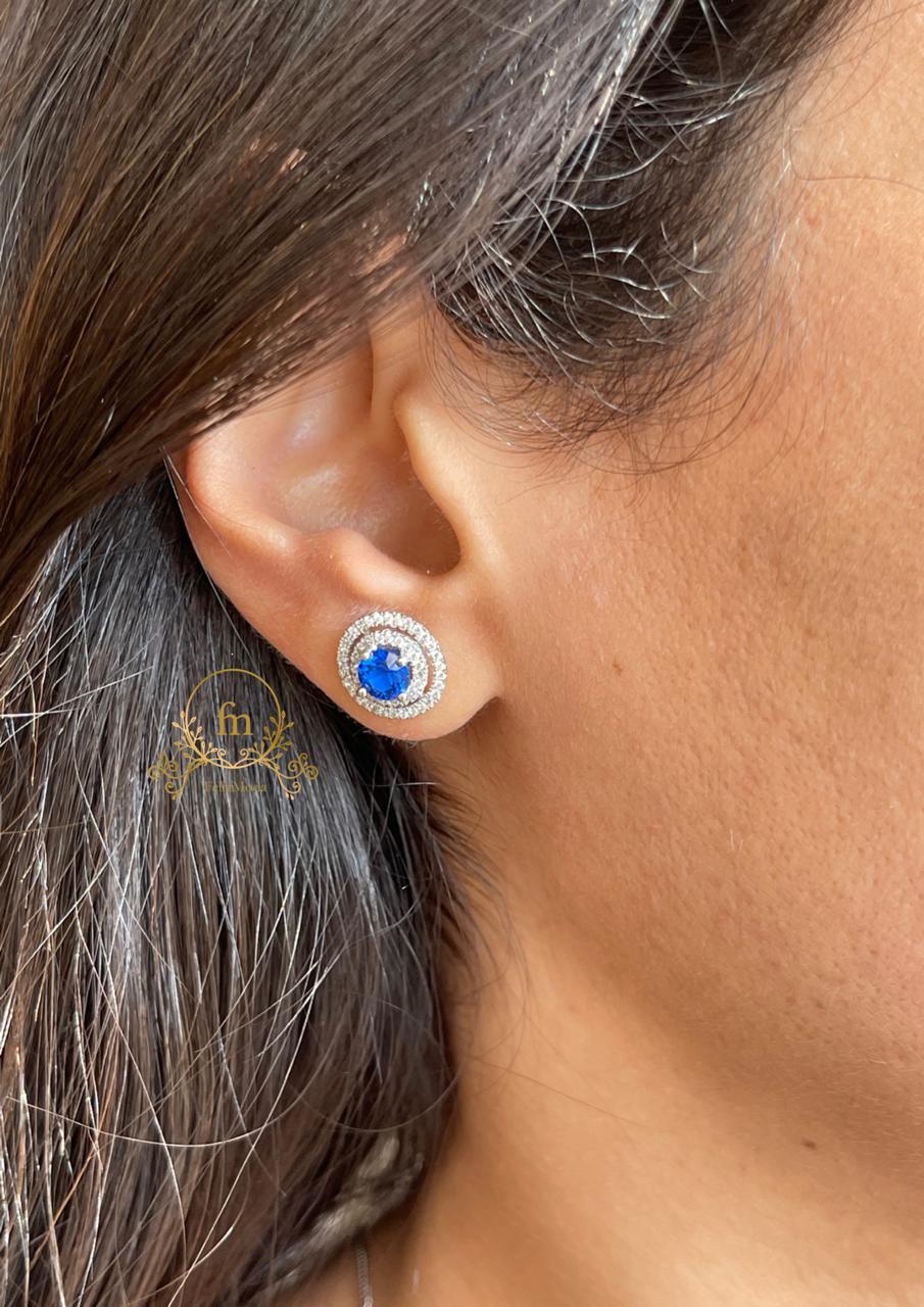 Blue stone silver earrings round shape