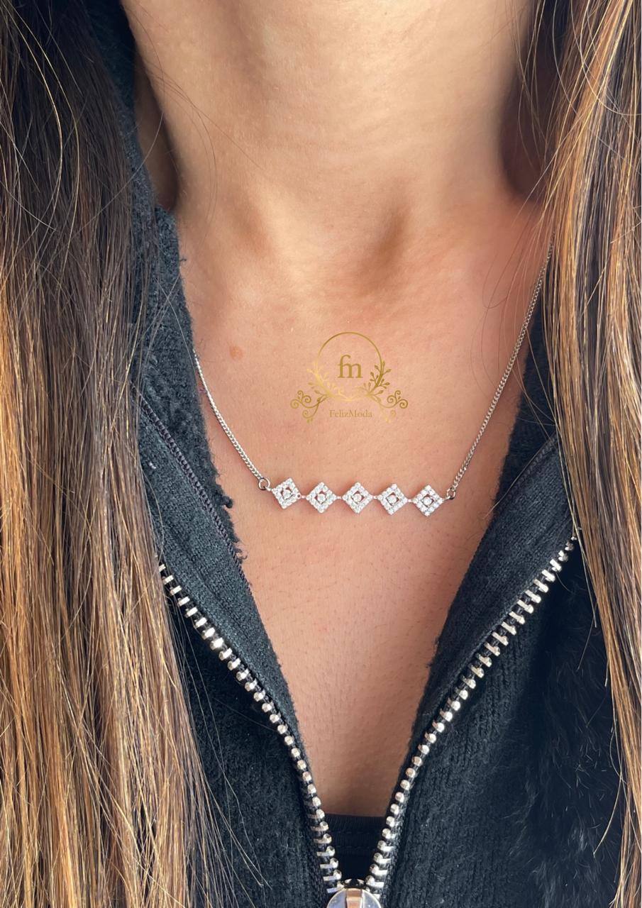 Five square pendants silver necklace zircon stones -FM21