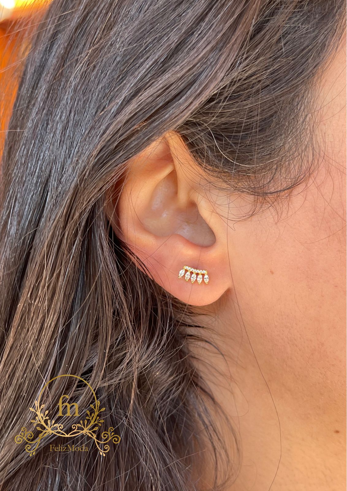 Five zircon stones silver earrings gold plated