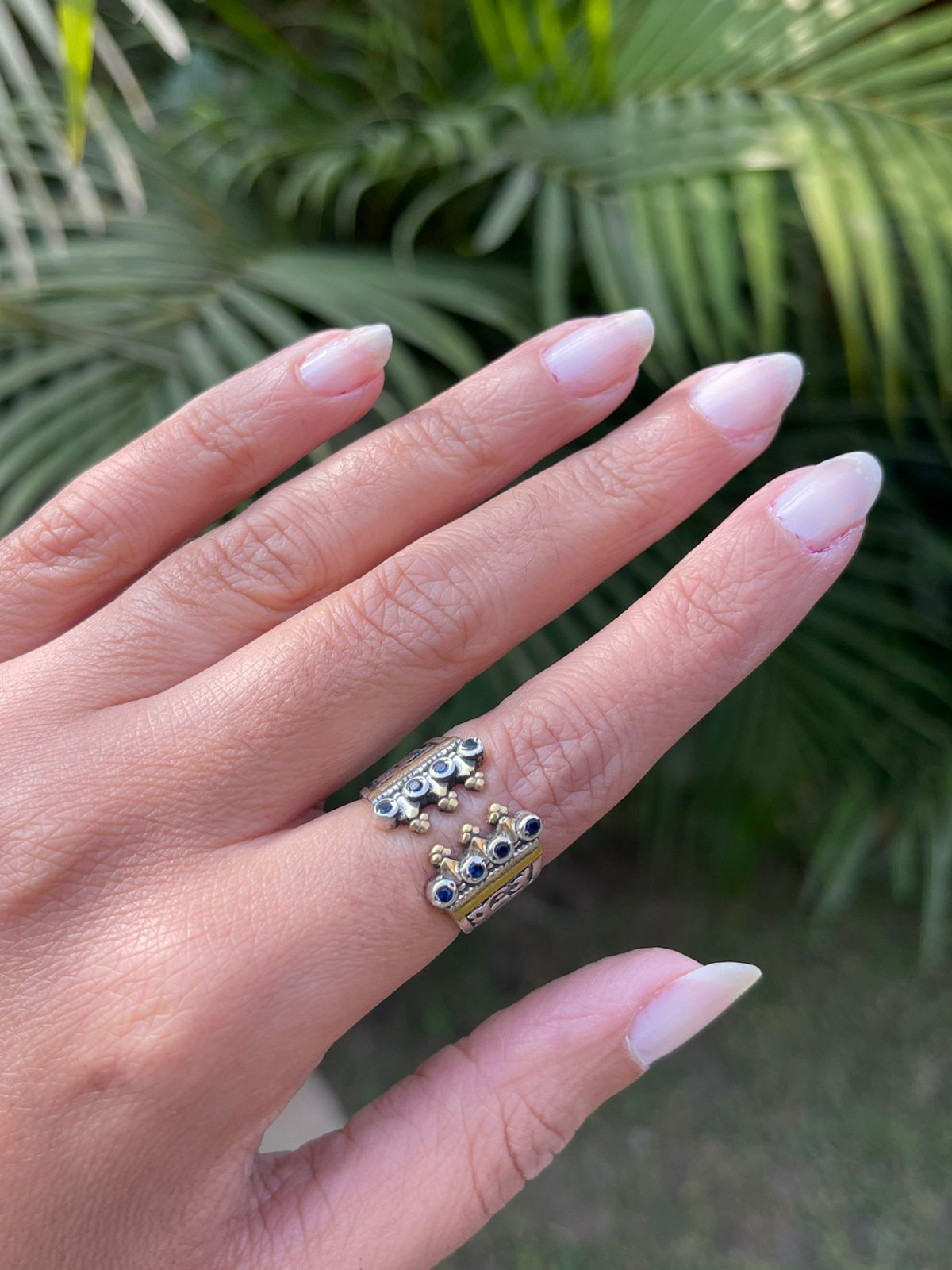 يا اعز من عينى قلبى لقلبك مال Silver ring gold plated with side blue stones