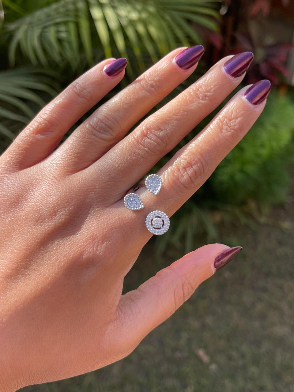 Two oval and round zircon stone silver ring free size- RG8