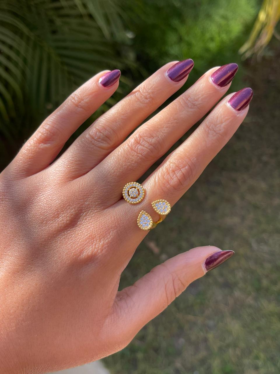 Two oval and round zircon stone silver ring free size gold plated-RG7