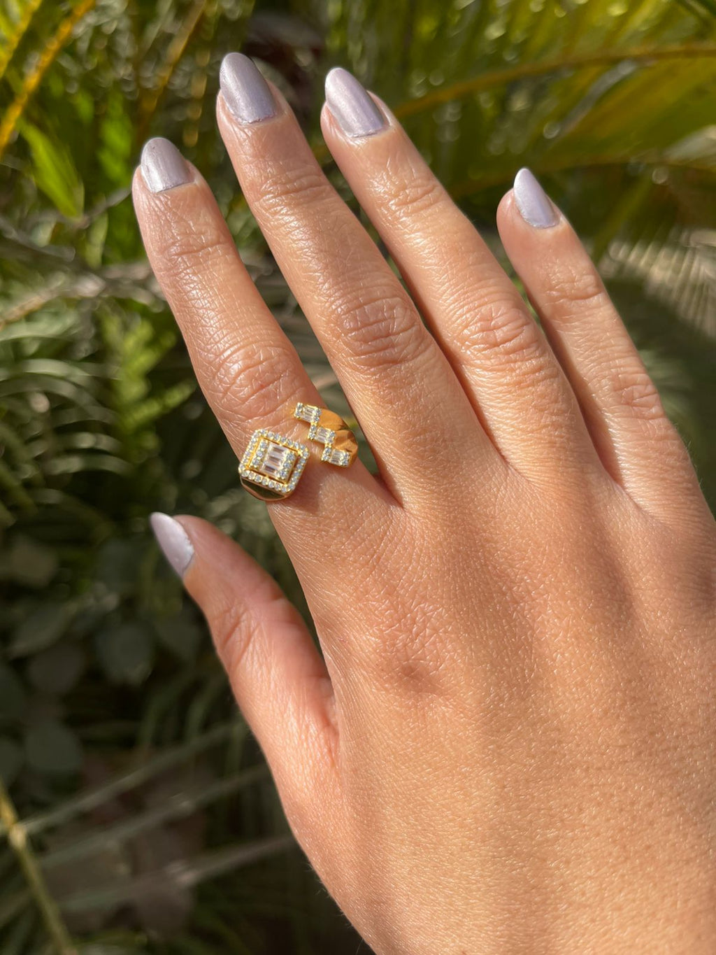 Square three zircon stones silver ring gold plated free size adjustable- RG14