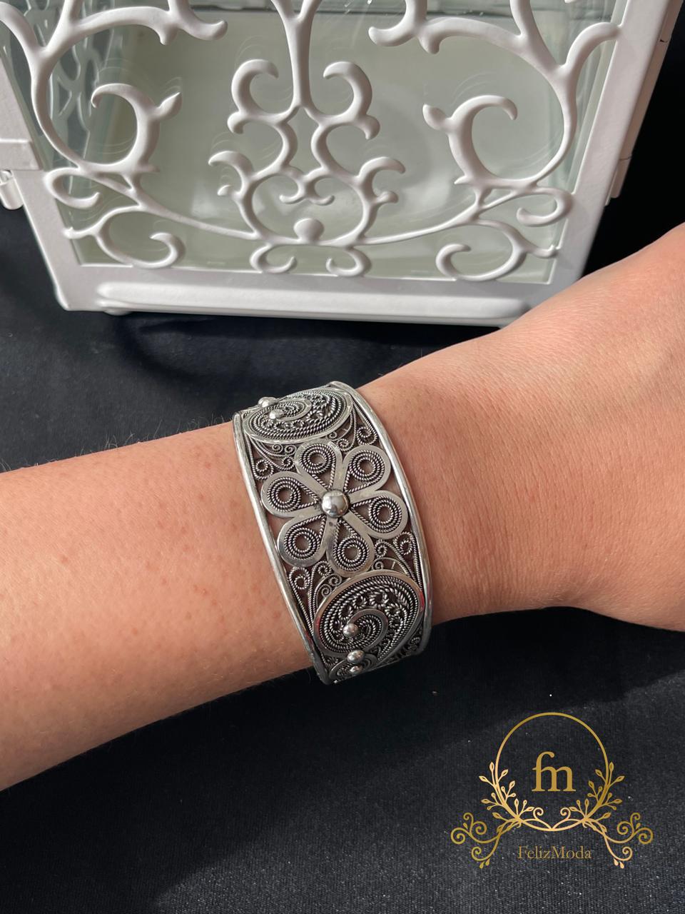 Flower indian design silver bangle free size adjustable