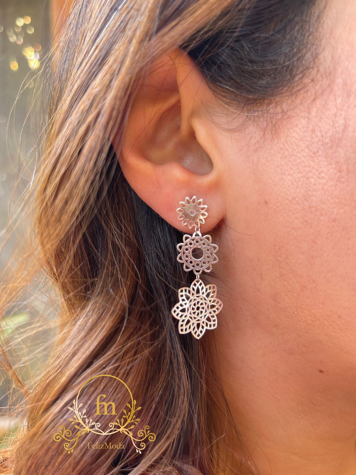 Three flowers silver earrings