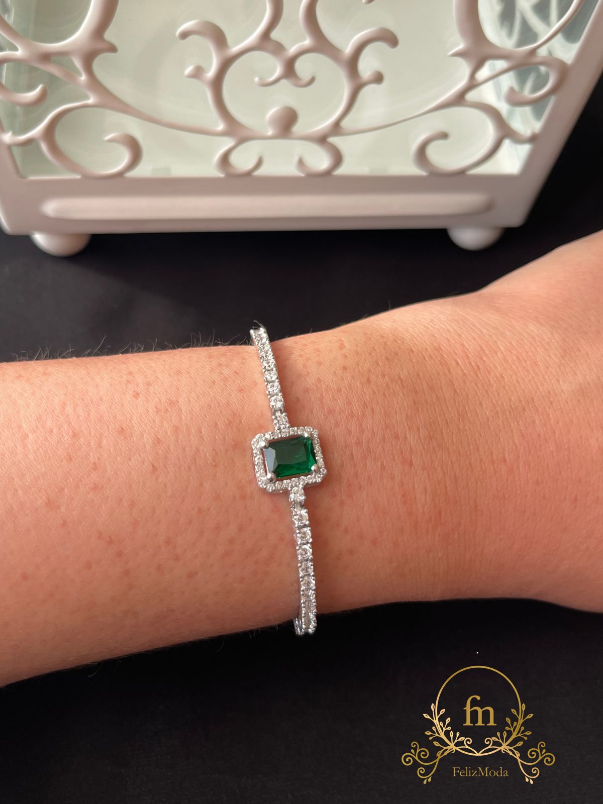 Square green stone silver tennis bracelet