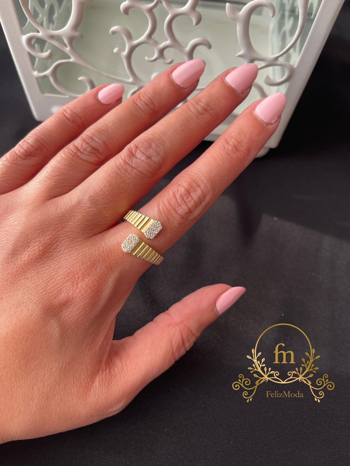 Two layered silver ring gold plated with zircon stones free size