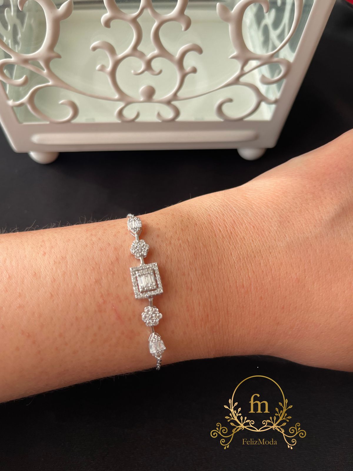 Square zircon stone with side flowers silver bracelet