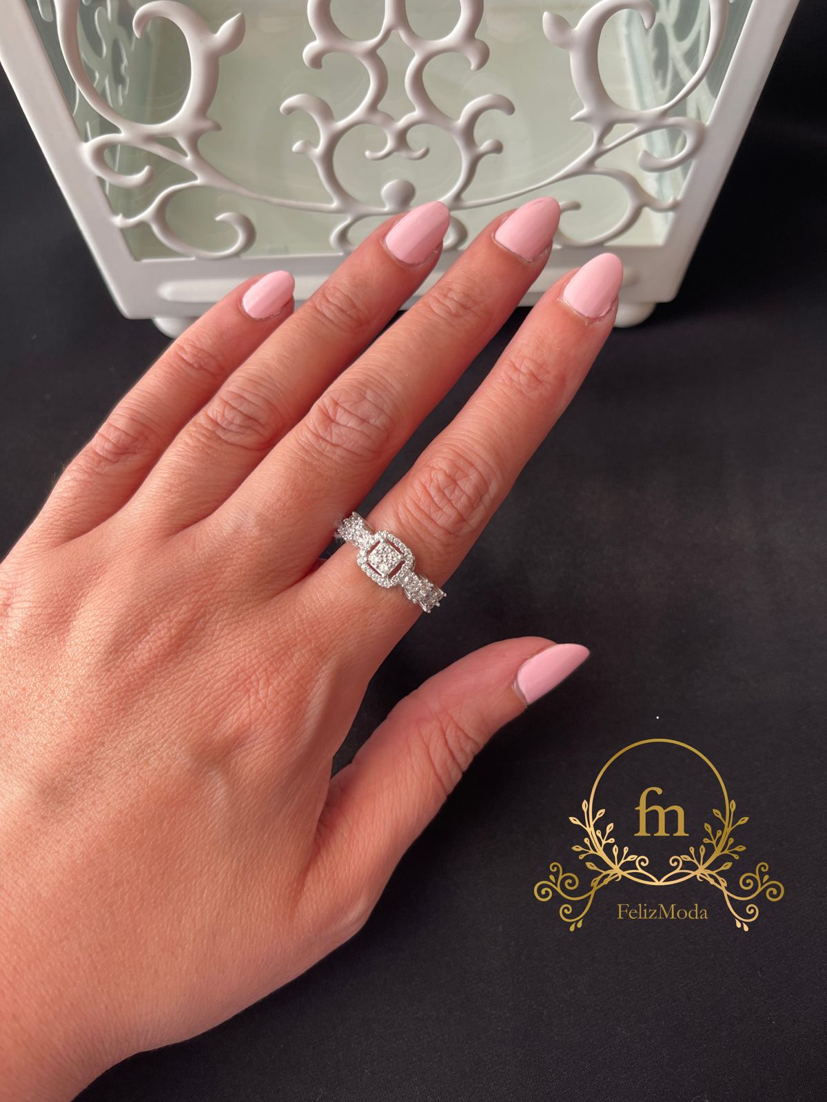 Square with side zircon stones silver ring