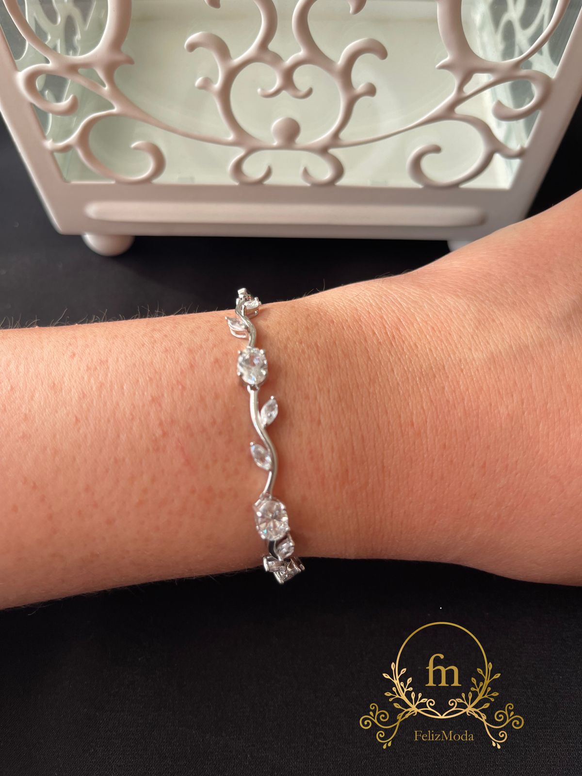 Tree leaf zircon stones silver tennis bracelet