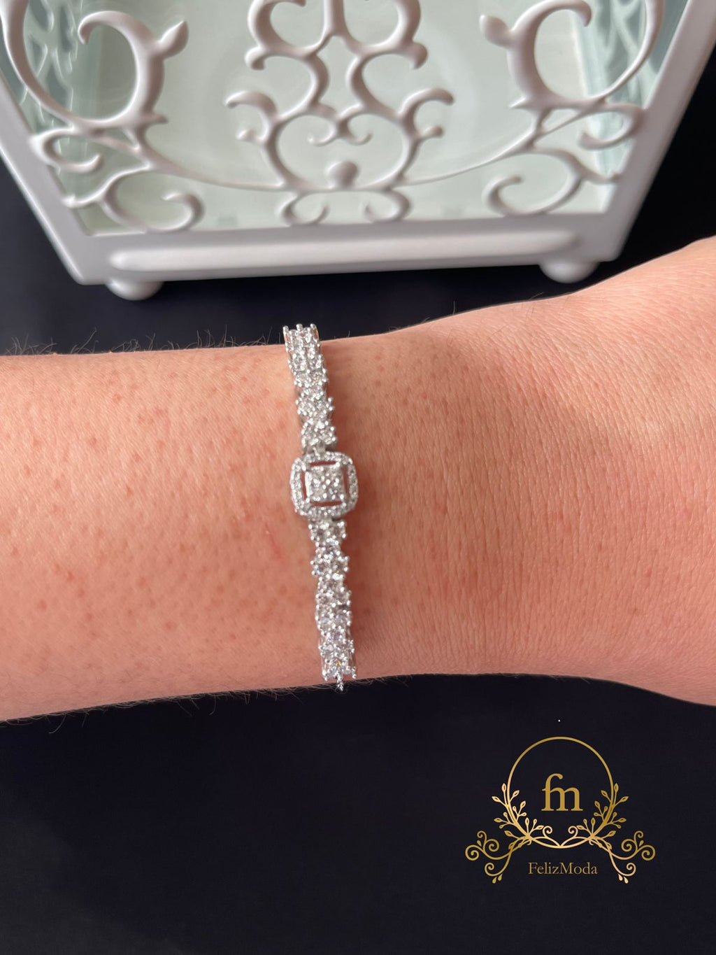 Square zircon stone with side stones silver bracelet