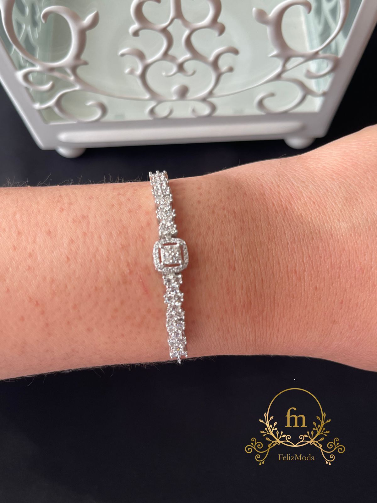 Square zircon stone with side stones silver bracelet