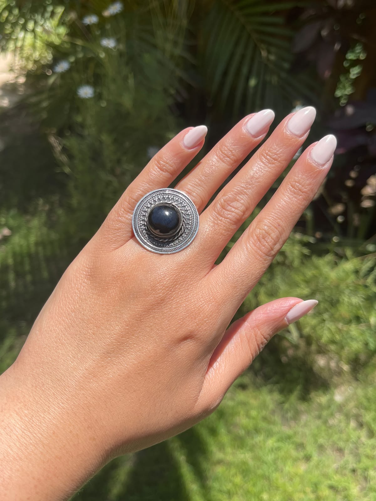 Black stone silver ring free size adjustable