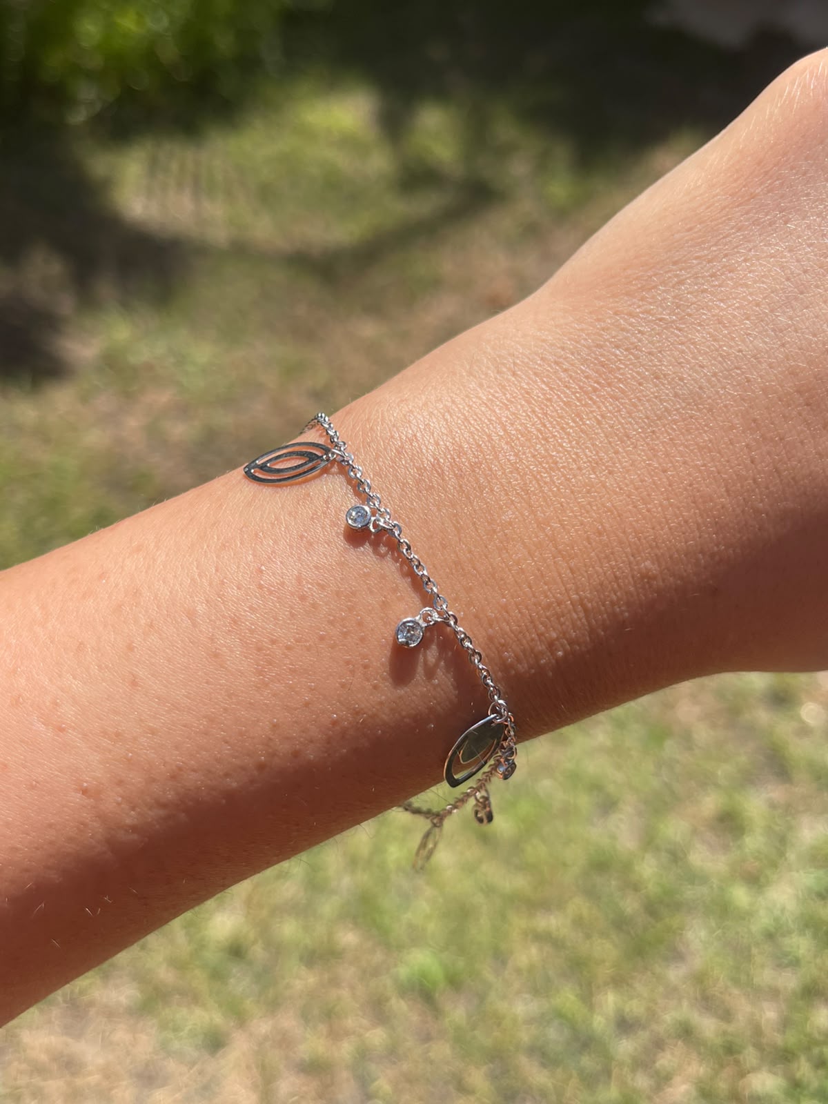 Tree leaves white stones silver bracelet