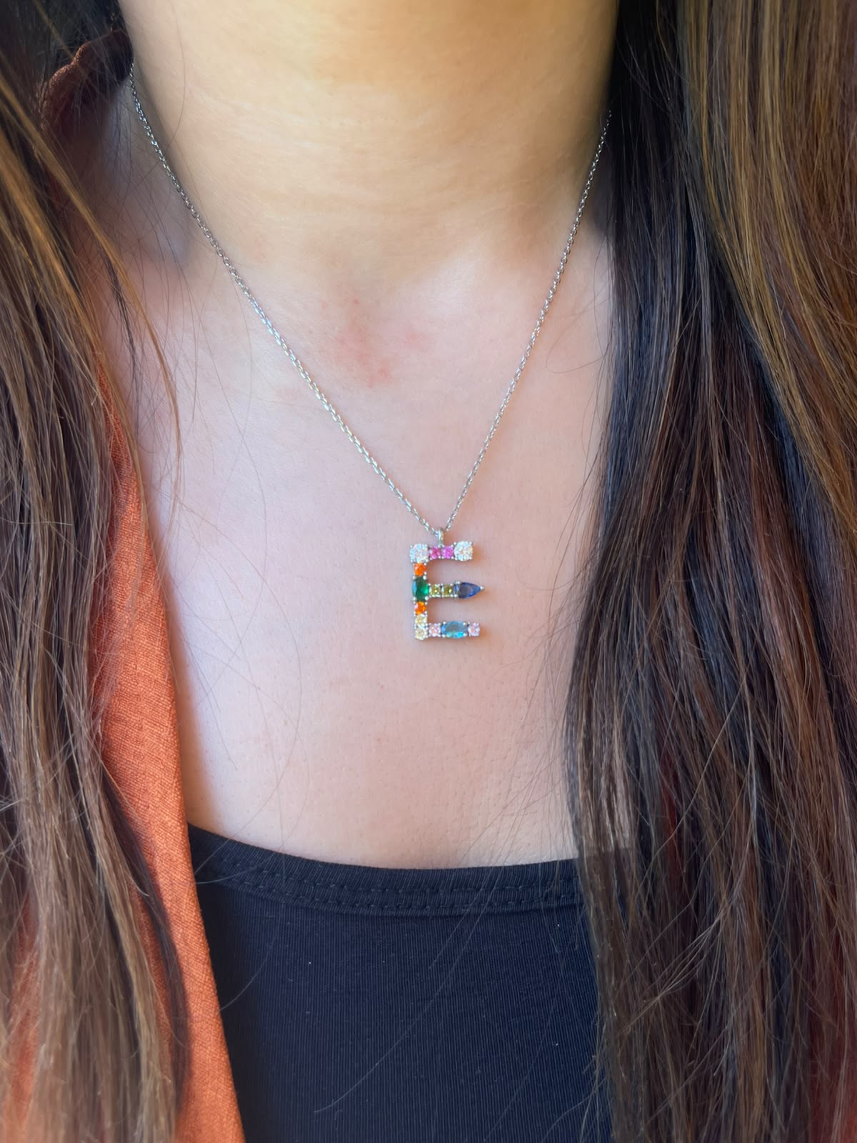 Letter E colorful zircon stones silver necklace